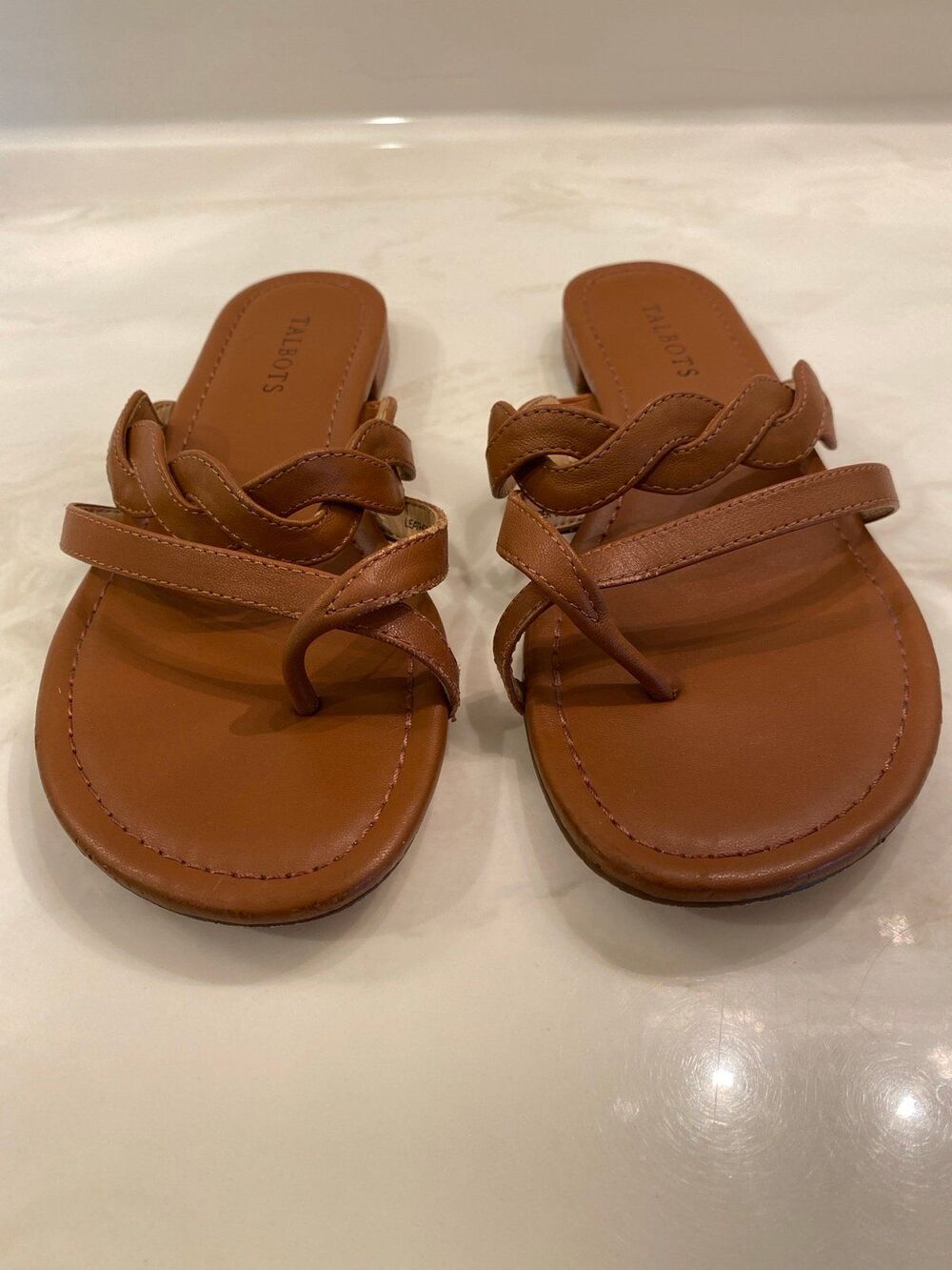 Talbots Brown Leather Strappy Sandals Size 8 M Flats Thong Slip On Braided Beach - Picture 5 of 11